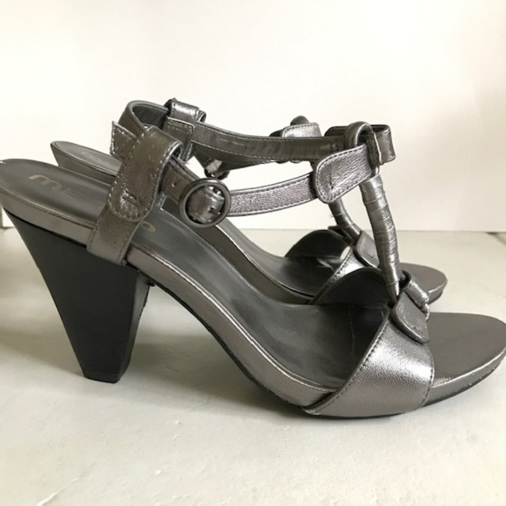 Strappy silver sandals with wedgy heel